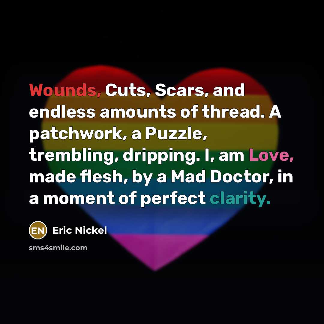 “Wounds, Cuts, Scars, and endless amounts of thread. A patchwork, a Puzzle, trembling, dripping. I, am Love, made flesh, by a Mad Doctor, in a moment of perfect clarity.” quote by Eric Nickel
