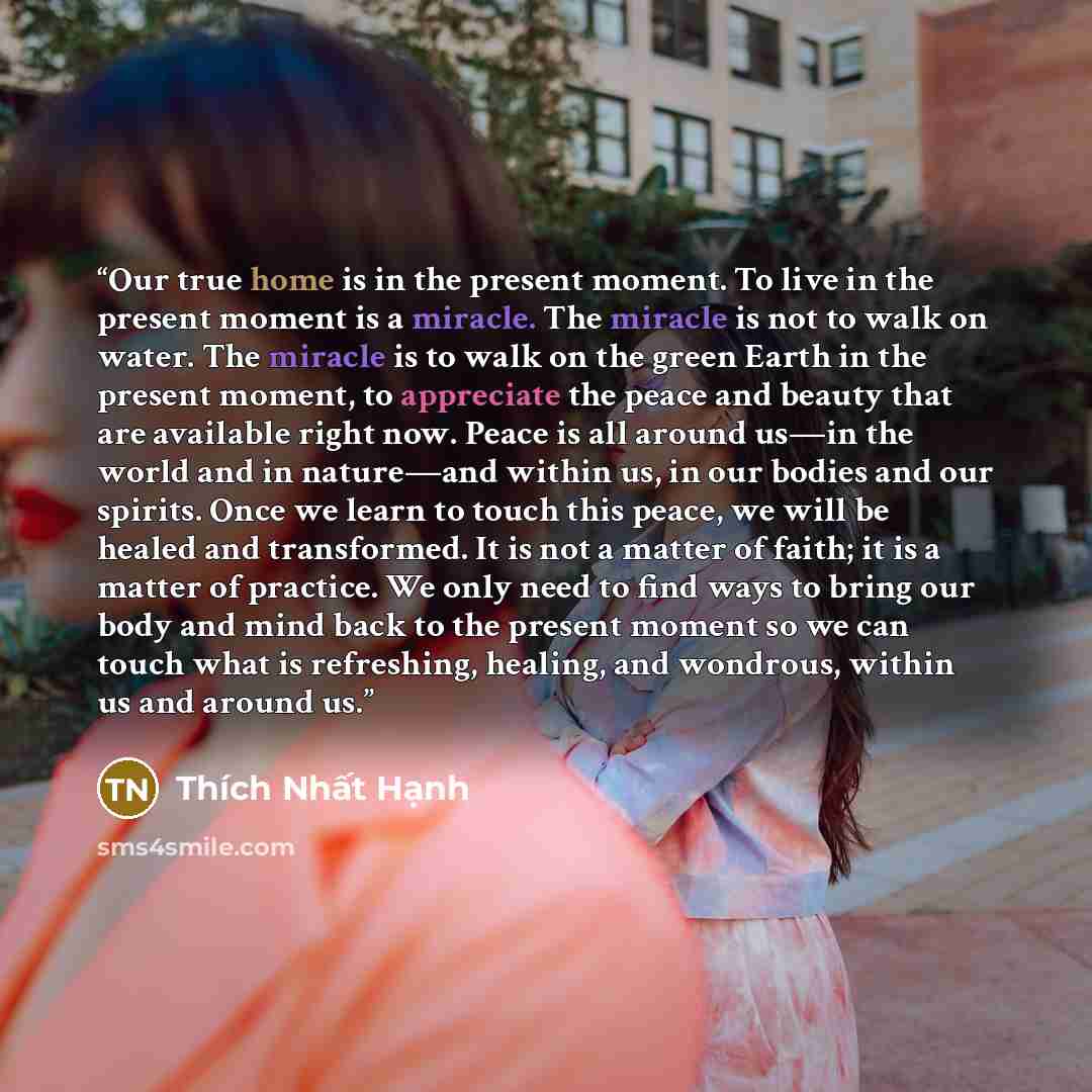 “Our true home is in the present moment. To live in the present moment is a miracle. The miracle is not to walk on water. The miracle is to walk on the green Earth in the present moment, to appreciate the peace and beauty that are available right now. Peace is all around us—in the world and in…” quote by Thich Nhat Hanh