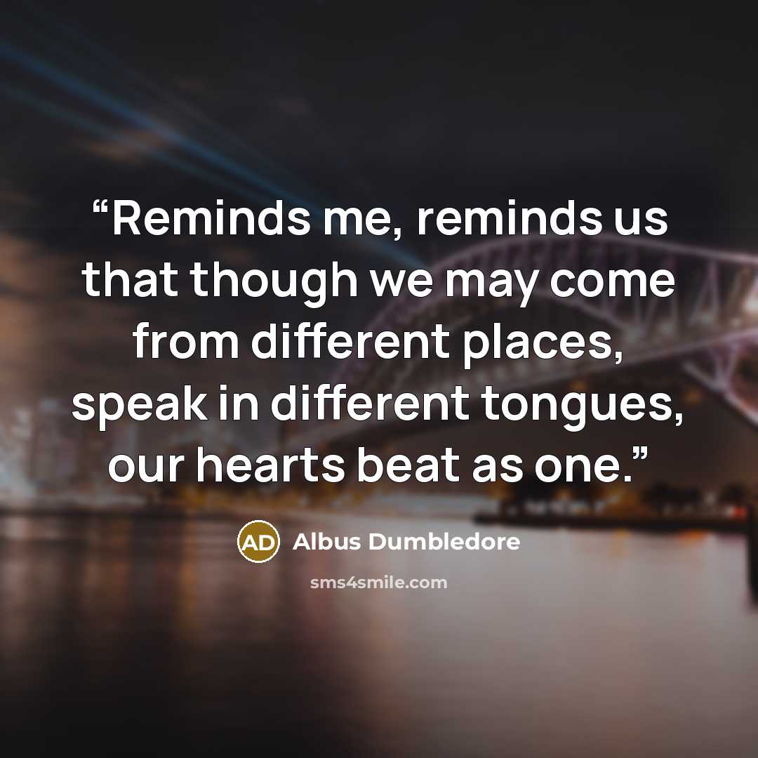 “Reminds me, reminds us that though we may come from different places, speak in different tongues, our hearts beat as one.” quote by Albus Dumbledore