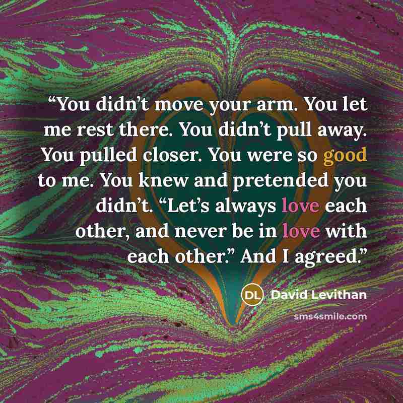 “You didn’t move your arm. You let me rest there. You didn’t pull away. You pulled closer. You were so good to me. You knew and pretended you didn’t. “Let’s always love each other, and never be in love with each other.” And I agreed.” quote by David Levithan