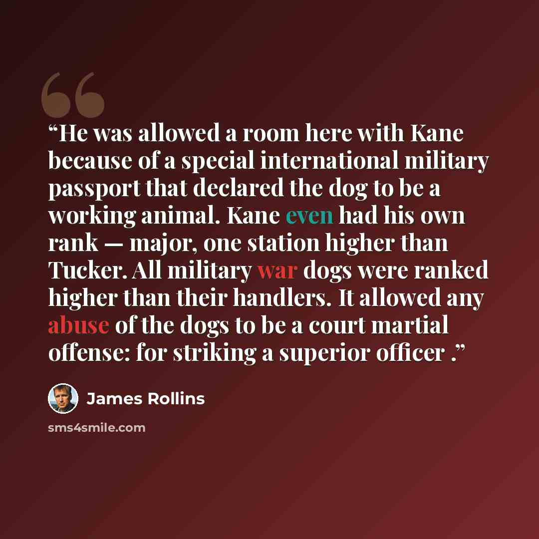 “He was allowed a room here with Kane because of a special international military passport that declared the dog to be a working animal. Kane even had his own rank — major, one station higher than Tucker. All military war dogs were ranked higher than their handlers. It allowed any abuse of the dogs…” quote by James Rollins