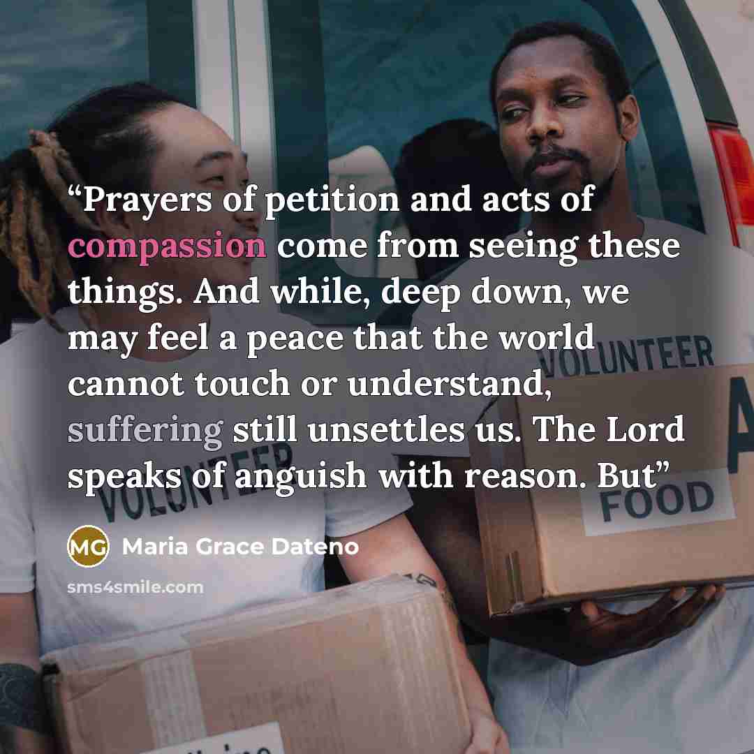 “Prayers of petition and acts of compassion come from seeing these things. And while, deep down, we may feel a peace that the world cannot touch or understand, suffering still unsettles us. The Lord speaks of anguish with reason. But” quote by Maria Grace Dateno