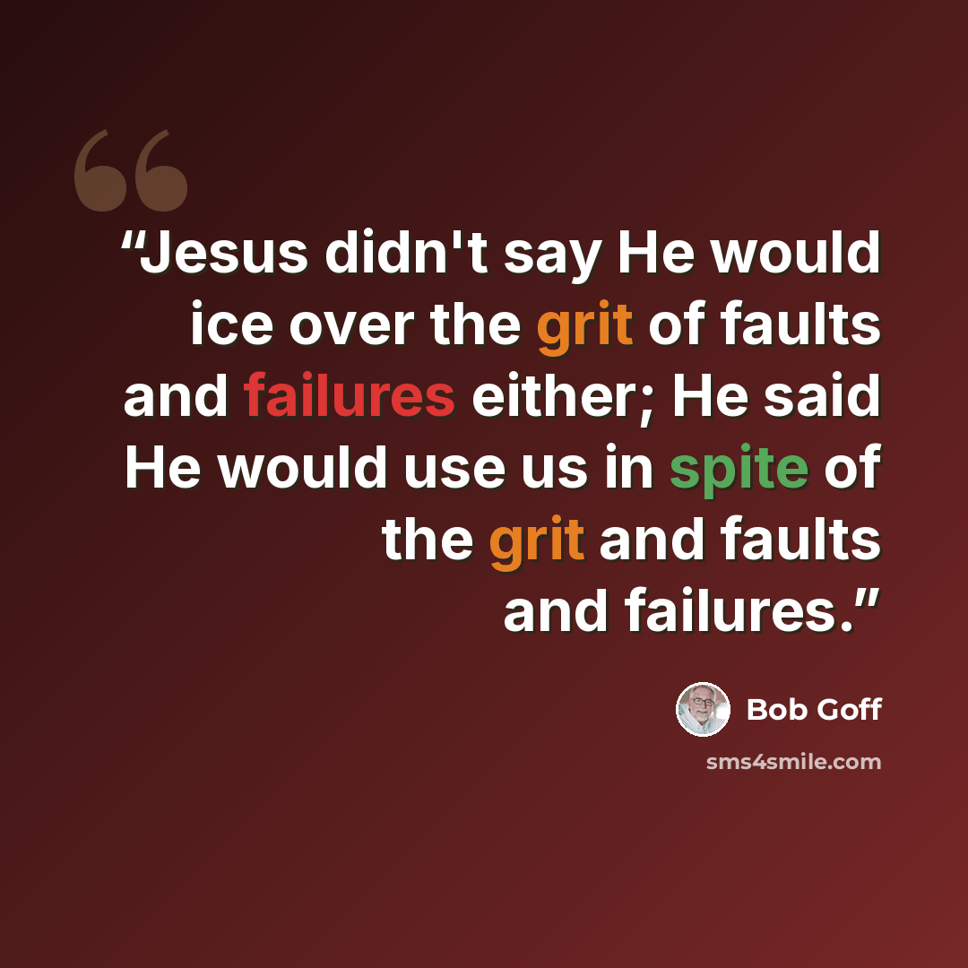 “Jesus didn't say He would ice over the grit of faults and failures either; He said He would use us in spite of the grit and faults and failures.” quote by Bob Goff