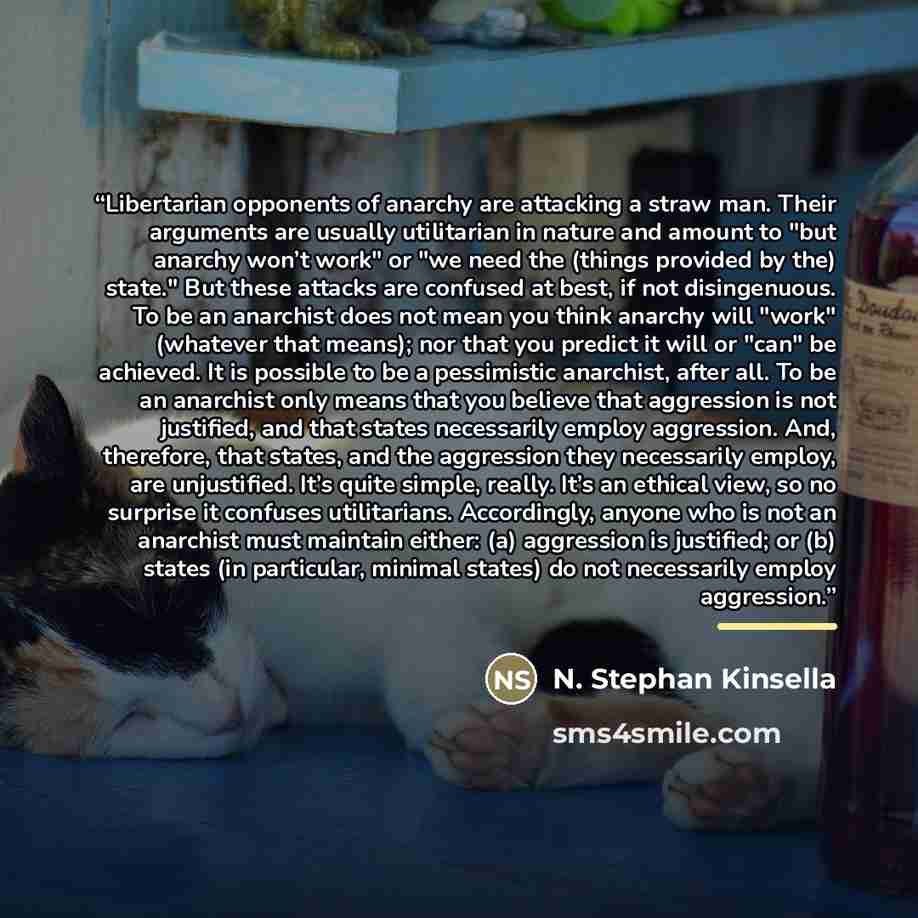 “Libertarian opponents of anarchy are attacking a straw man. Their arguments are usually utilitarian in nature and amount to "but anarchy won’t work" or "we need the (things provided by the) state." But these attacks are confused at best, if not disingenuous. To be an anarchist does not mean you…” quote by N. Stephan Kinsella