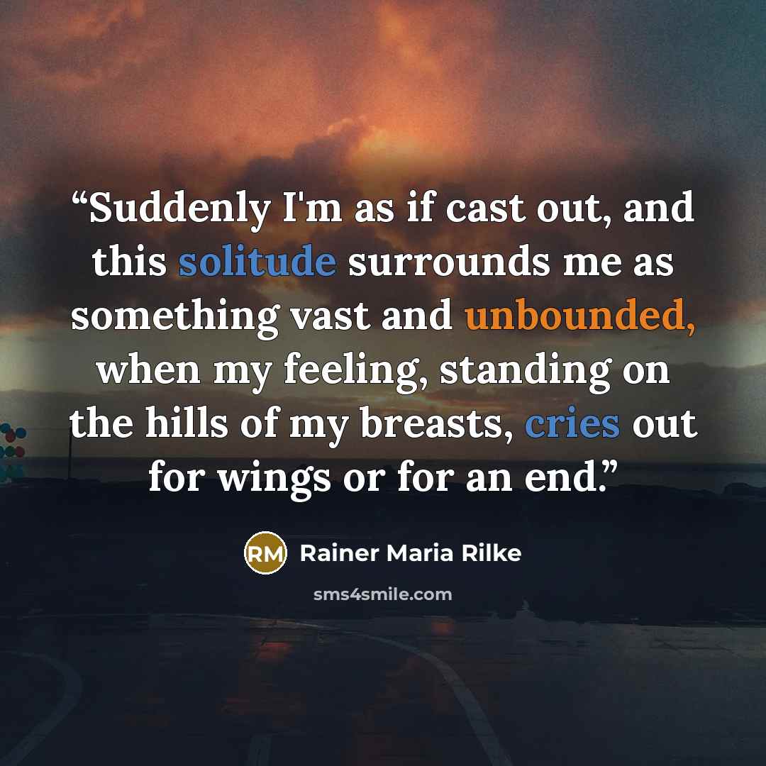 “Suddenly I'm as if cast out, and this solitude surrounds me as something vast and unbounded, when my feeling, standing on the hills of my breasts, cries out for wings or for an end.” quote by Rainer Maria Rilke