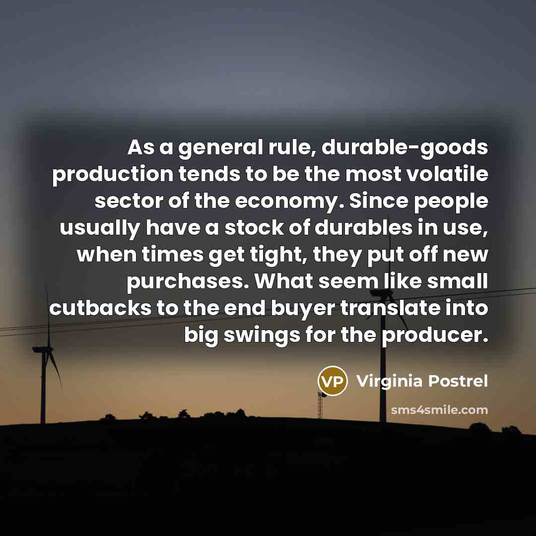 “As a general rule, durable-goods production tends to be the most volatile sector of the economy. Since people usually have a stock of durables in use, when times get tight, they put off new purchases. What seem like small cutbacks to the end buyer translate into big swings for the producer.” quote by Virginia Postrel