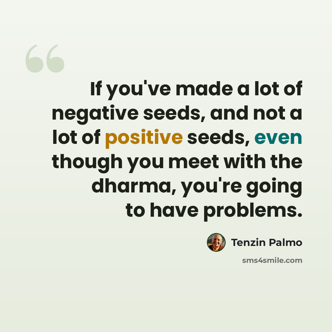“If you've made a lot of negative seeds, and not a lot of positive seeds, even though you meet with the dharma, you're going to have problems.” quote by Tenzin Palmo