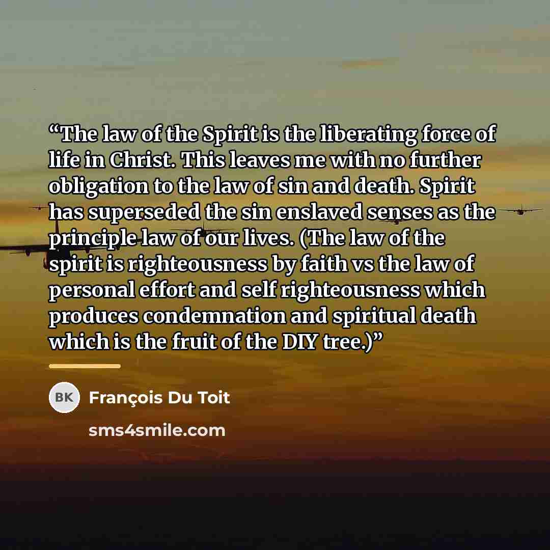 “The law of the Spirit is the liberating force of life in Christ. This leaves me with no further obligation to the law of sin and death. Spirit has superseded the sin enslaved senses as the principle law of our lives. (The law of the spirit is righteousness by faith vs the law of personal effort…” quote by François Du Toit