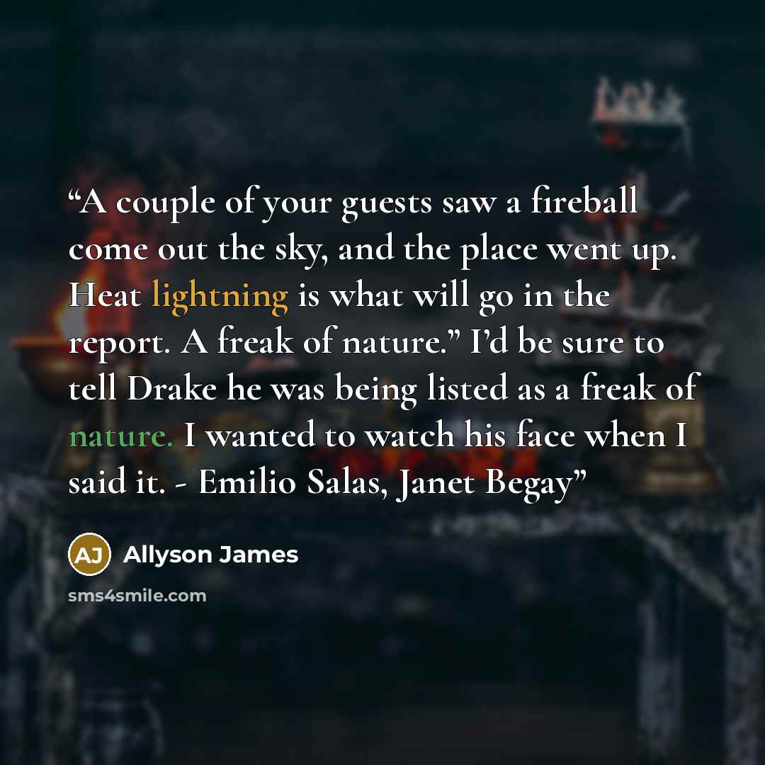 “A couple of your guests saw a fireball come out the sky, and the place went up. Heat lightning is what will go in the report. A freak of nature.” I’d be sure to tell Drake he was being listed as a freak of nature. I wanted to watch his face when I said it. - Emilio Salas, Janet Begay” quote by Allyson James