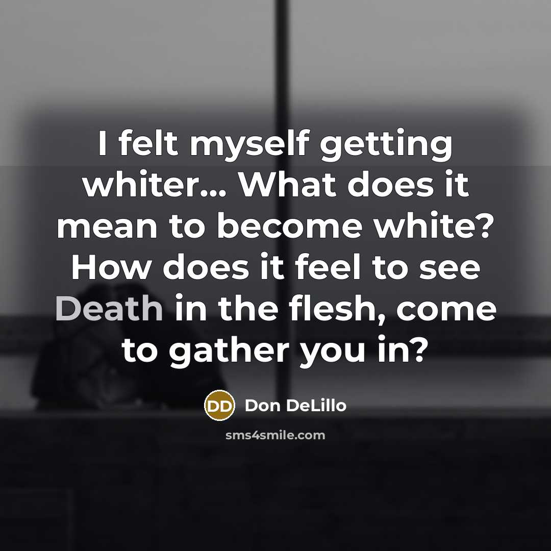 “I felt myself getting whiter... What does it mean to become white? How does it feel to see Death in the flesh, come to gather you in?” quote by Don DeLillo