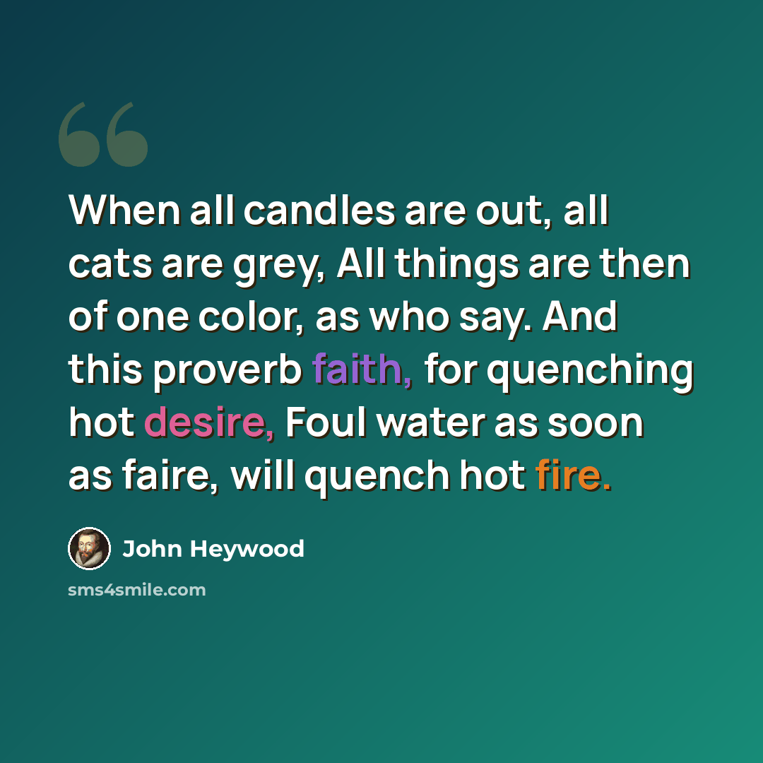 “When all candles are out, all cats are grey, All things are then of one color, as who say. And this proverb faith, for quenching hot desire, Foul water as soon as faire, will quench hot fire.” quote by John Heywood