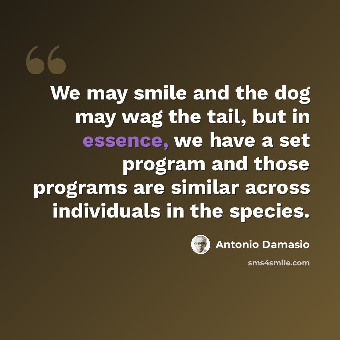 “We may smile and the dog may wag the tail, but in essence, we have a set program and those programs are similar across individuals in the species.” quote by Antonio Damasio