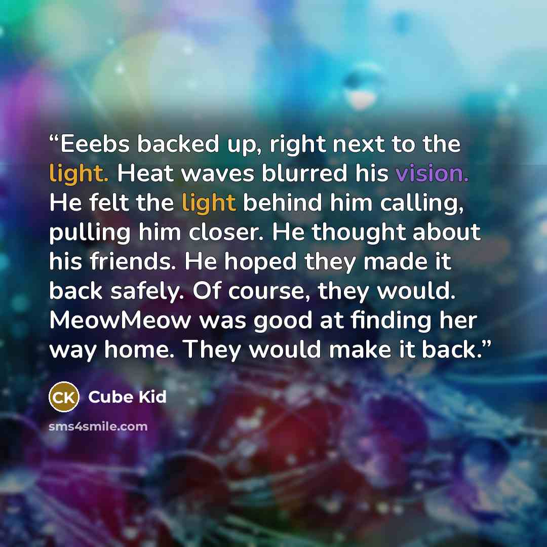 “Eeebs backed up, right next to the light. Heat waves blurred his vision. He felt the light behind him calling, pulling him closer. He thought about his friends. He hoped they made it back safely. Of course, they would. MeowMeow was good at finding her way home. They would make it back.” quote by Cube Kid