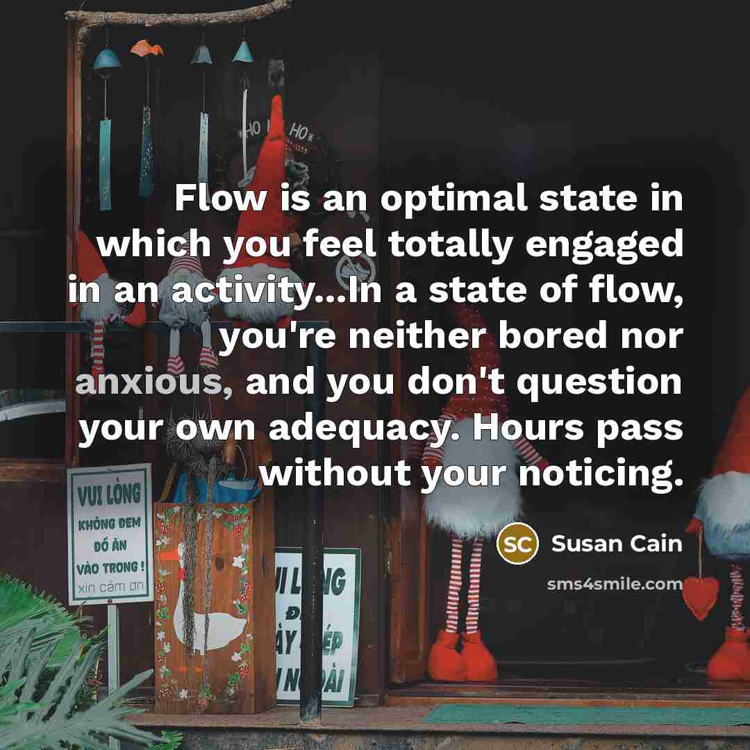 “Flow is an optimal state in which you feel totally engaged in an activity...In a state of flow, you're neither bored nor anxious, and you don't question your own adequacy. Hours pass without your noticing.” quote by Susan Cain