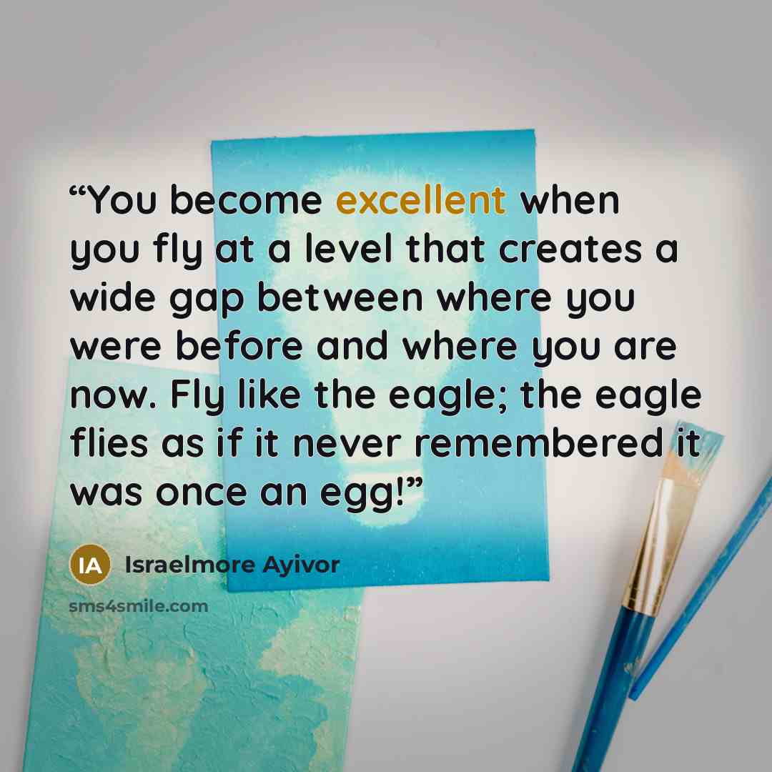 “You become excellent when you fly at a level that creates a wide gap between where you were before and where you are now. Fly like the eagle; the eagle flies as if it never remembered it was once an egg!” quote by Israelmore Ayivor