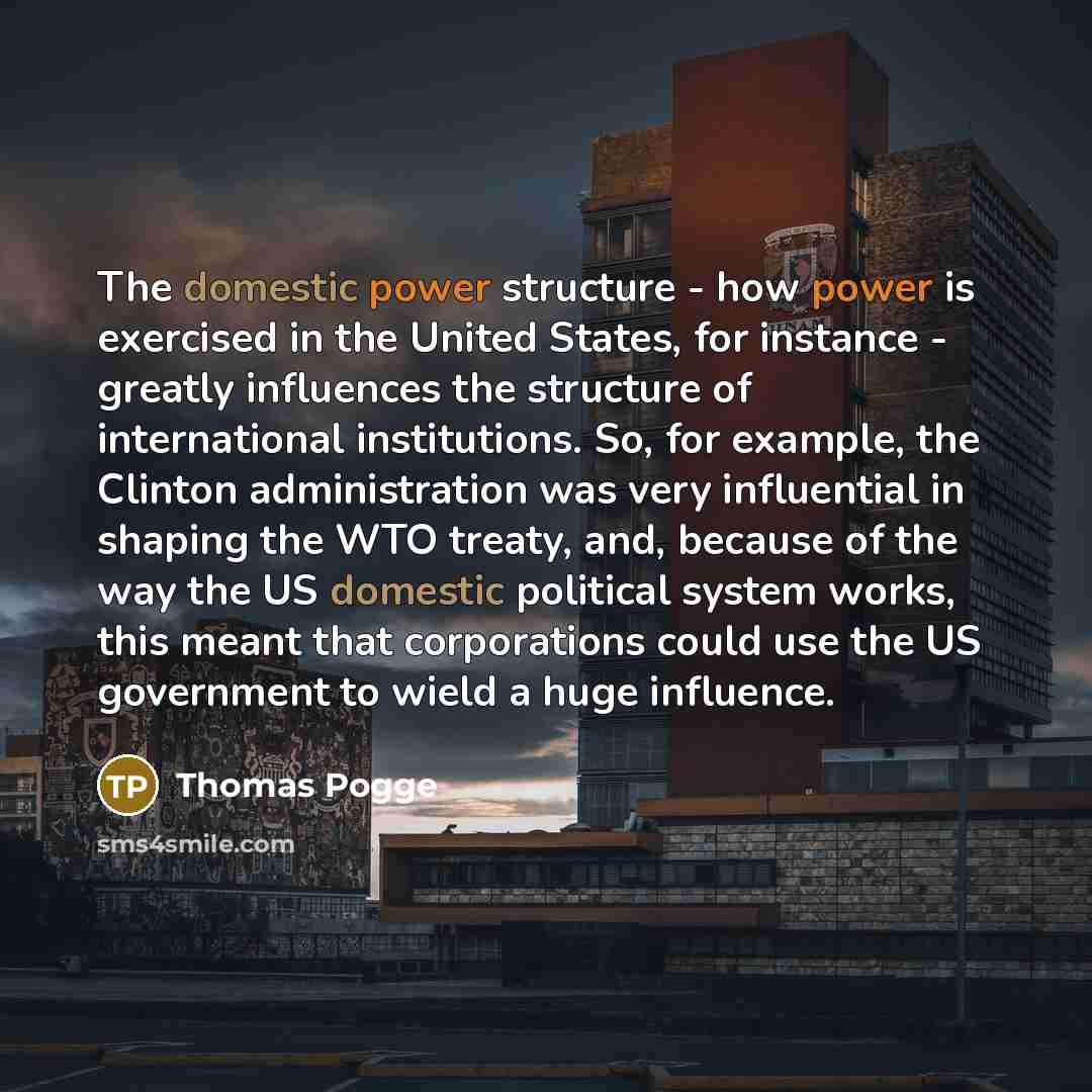 “The domestic power structure - how power is exercised in the United States, for instance - greatly influences the structure of international institutions. So, for example, the Clinton administration was very influential in shaping the WTO treaty, and, because of the way the US domestic political…” quote by Thomas Pogge