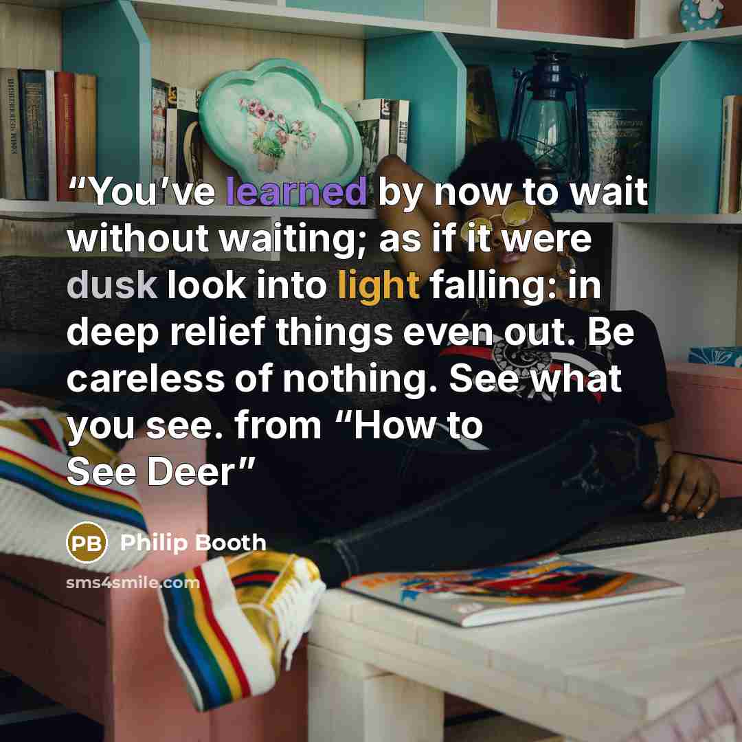 “You’ve learned by now to wait without waiting; as if it were dusk look into light falling: in deep relief things even out. Be careless of nothing. See what you see. from “How to See Deer” quote by Philip Booth