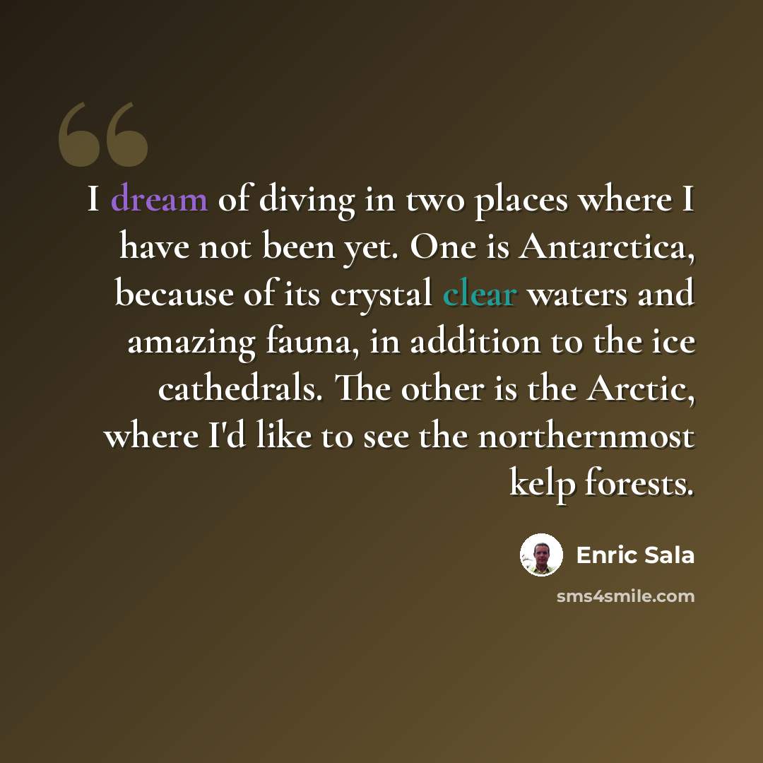 “I dream of diving in two places where I have not been yet. One is Antarctica, because of its crystal clear waters and amazing fauna, in addition to the ice cathedrals. The other is the Arctic, where I'd like to see the northernmost kelp forests.” quote by Enric Sala