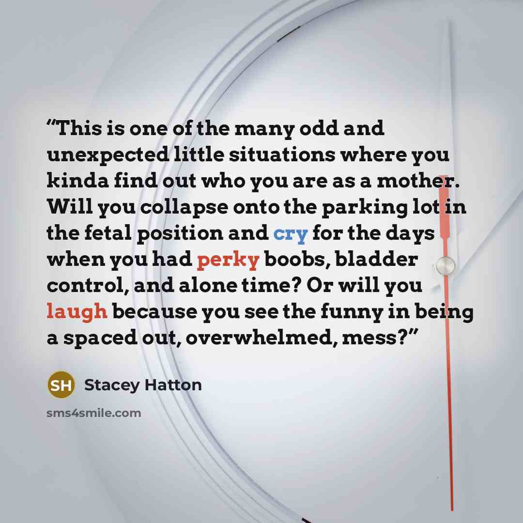 “This is one of the many odd and unexpected little situations where you kinda find out who you are as a mother. Will you collapse onto the parking lot in the fetal position and cry for the days when you had perky boobs, bladder control, and alone time? Or will you laugh because you see the funny in…” quote by Stacey Hatton
