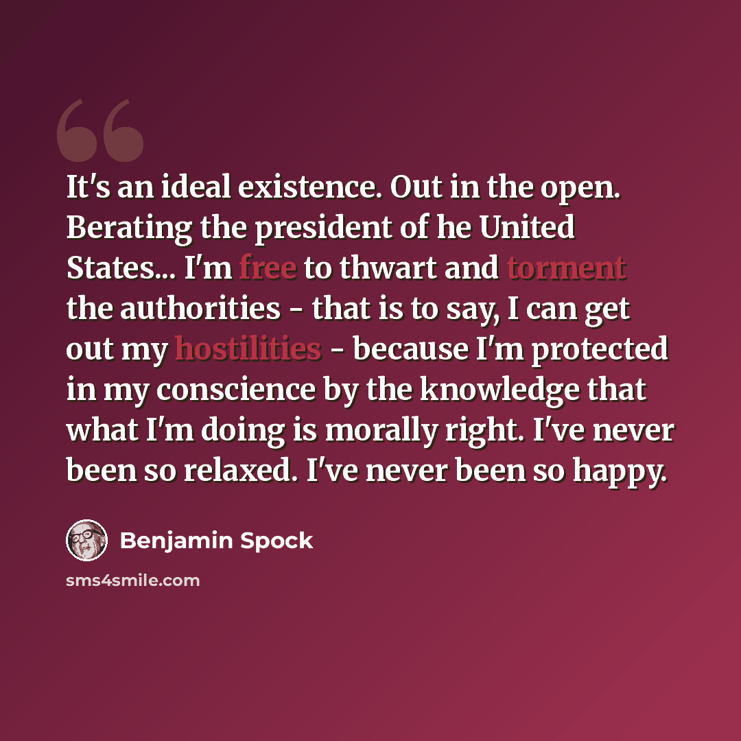 “It's an ideal existence. Out in the open. Berating the president of he United States... I'm free to thwart and torment the authorities - that is to say, I can get out my hostilities - because I'm protected in my conscience by the knowledge that what I'm doing is morally right. I've never been so…” quote by Benjamin Spock