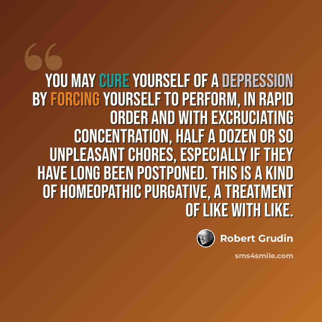 “You may cure yourself of a depression by forcing yourself to perform, in rapid order and with excruciating concentration, half a dozen or so unpleasant chores, especially if they have long been postponed. This is a kind of homeopathic purgative, a treatment of like with like.” quote by Robert Grudin