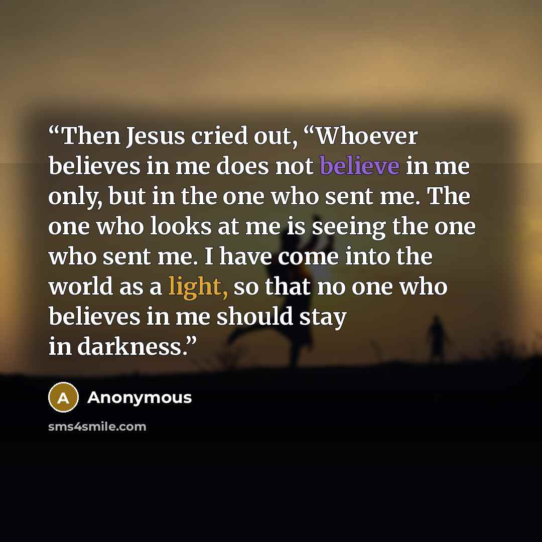 “Then Jesus cried out, “Whoever believes in me does not believe in me only, but in the one who sent me. The one who looks at me is seeing the one who sent me. I have come into the world as a light, so that no one who believes in me should stay in darkness.” quote by Anonymous