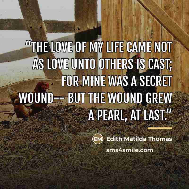“The love of my life came not As love unto others is cast; For mine was a secret wound-- But the wound grew a pearl, at last.” quote by Anonymous