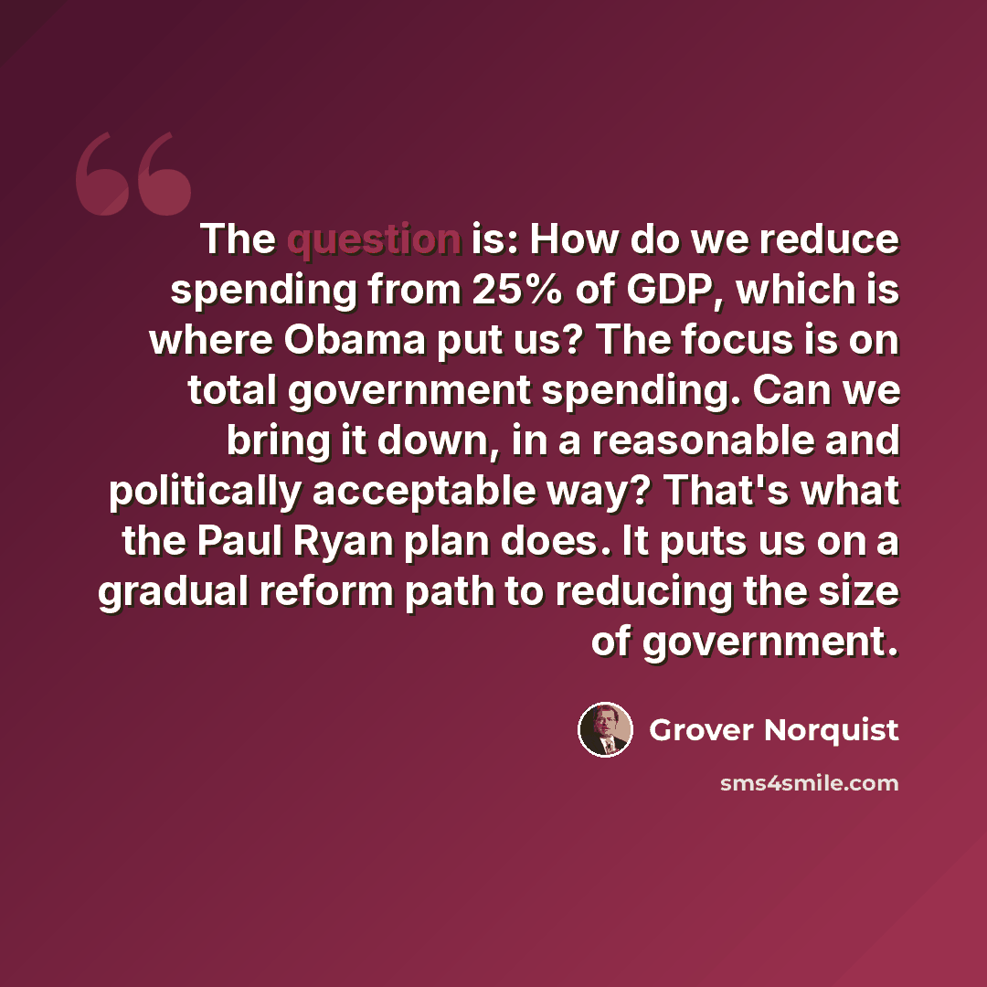 “The question is: How do we reduce spending from 25% of GDP, which is where Obama put us? The focus is on total government spending. Can we bring it down, in a reasonable and politically acceptable way? That's what the Paul Ryan plan does. It puts us on a gradual reform path to reducing the size of…” quote by Grover Norquist