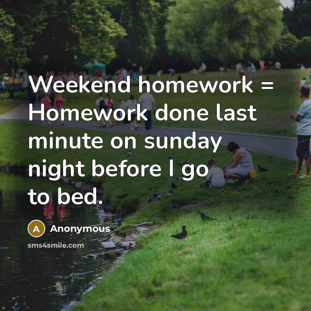 “Weekend homework = Homework done last minute on sunday night before I go to bed.” quote by Anonymous