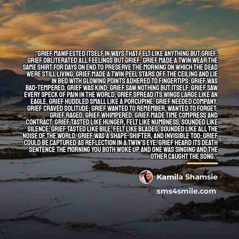 “Grief manifested itself in ways that felt like anything but grief; grief obliterated all feelings but grief; grief made a twin wear the same shirt for days on end to preserve the morning on which the dead were still living; grief made a twin peel stars off the ceiling and lie in bed with glowing…” quote by Kamila Shamsie