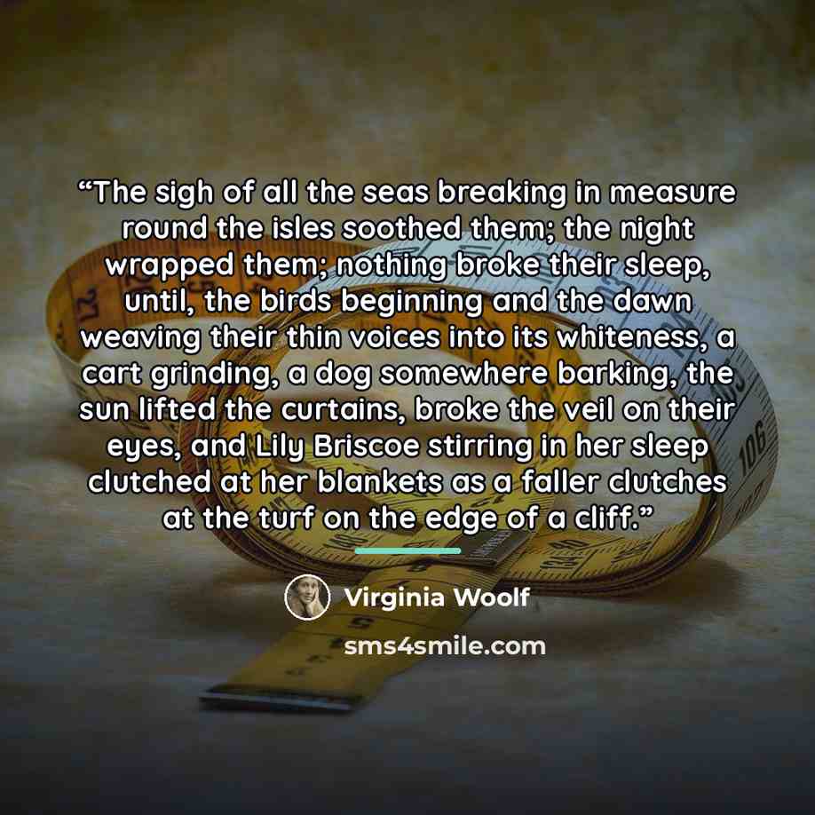 “The sigh of all the seas breaking in measure round the isles soothed them; the night wrapped them; nothing broke their sleep, until, the birds beginning and the dawn weaving their thin voices into its whiteness, a cart grinding, a dog somewhere barking, the sun lifted the curtains, broke the veil…” quote by Virginia Woolf