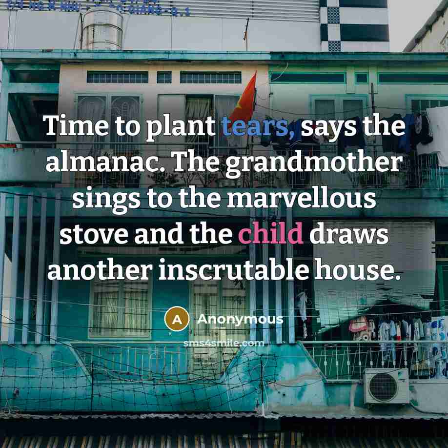 “Time to plant tears, says the almanac. The grandmother sings to the marvellous stove and the child draws another inscrutable house.” quote by Anonymous