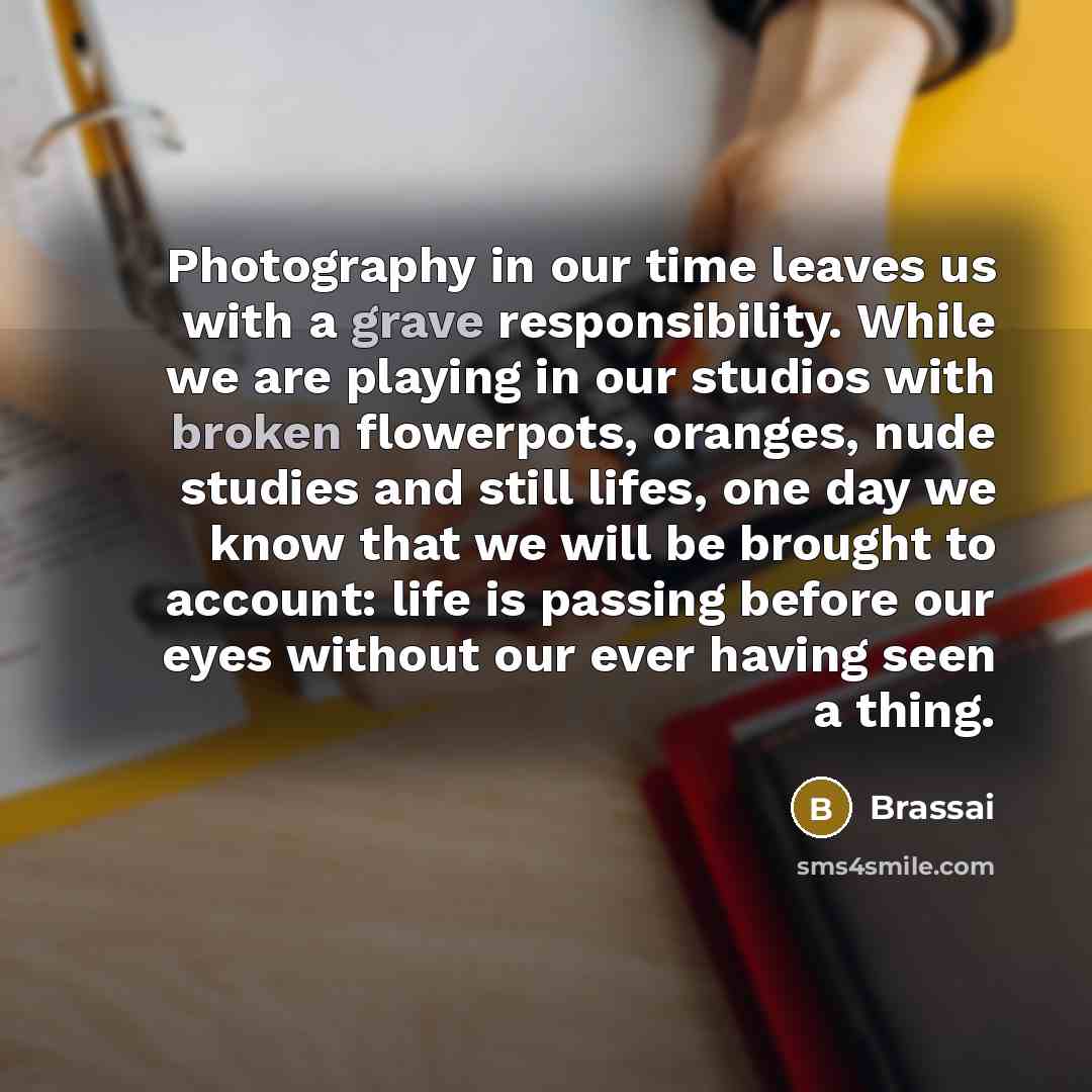 “Photography in our time leaves us with a grave responsibility. While we are playing in our studios with broken flowerpots, oranges, nude studies and still lifes, one day we know that we will be brought to account: life is passing before our eyes without our ever having seen a thing.” quote by Brassai