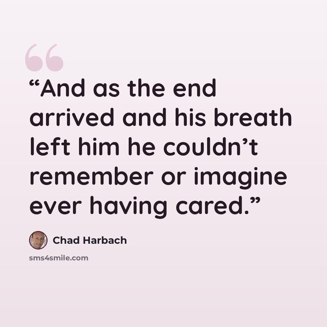 “And as the end arrived and his breath left him he couldn’t remember or imagine ever having cared.” quote by Chad Harbach