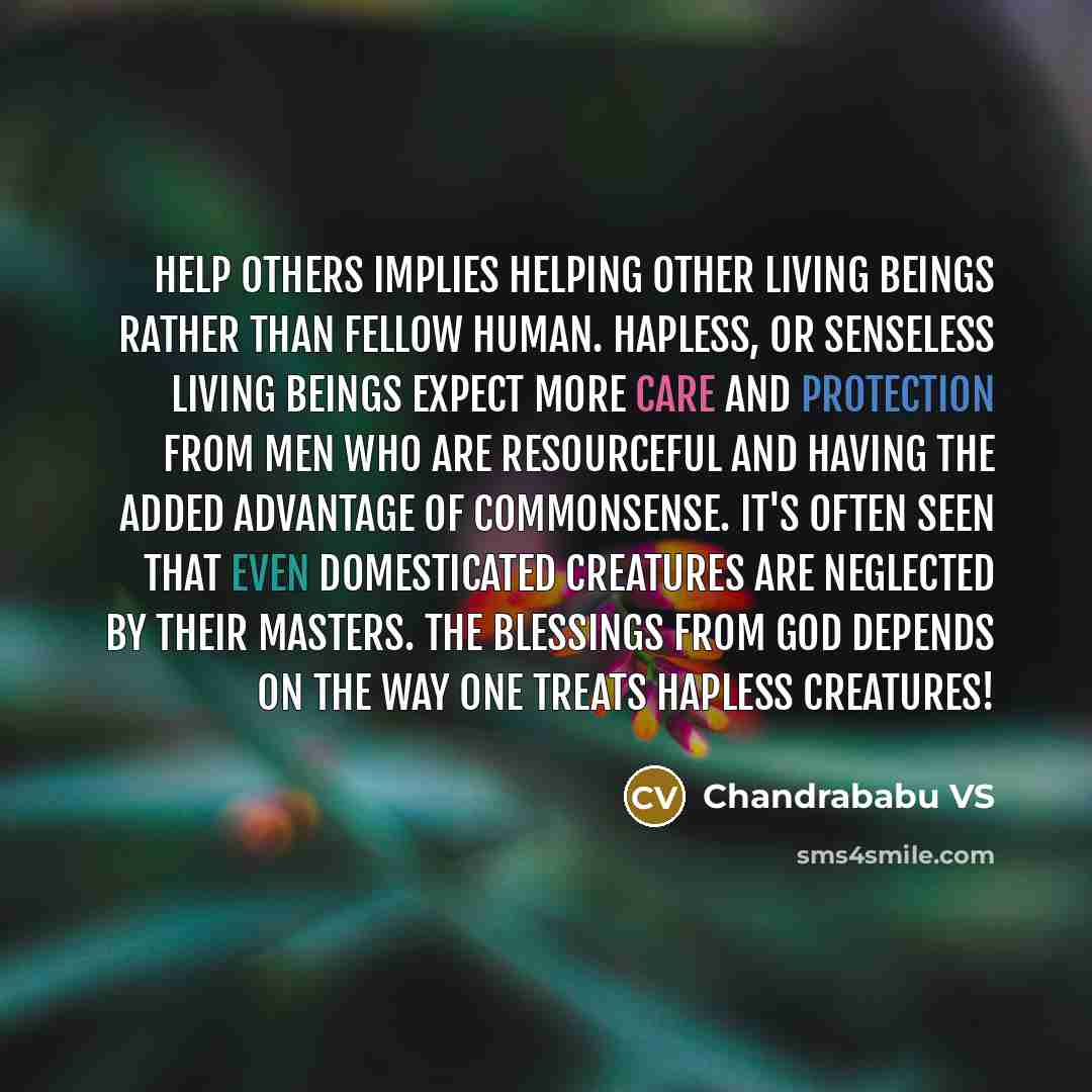 “Help Others implies helping other living beings rather than fellow human. Hapless, or senseless living beings expect more care and protection from men who are resourceful and having the added advantage of commonsense. It's often seen that even domesticated creatures are neglected by their masters…” quote by Chandrababu VS