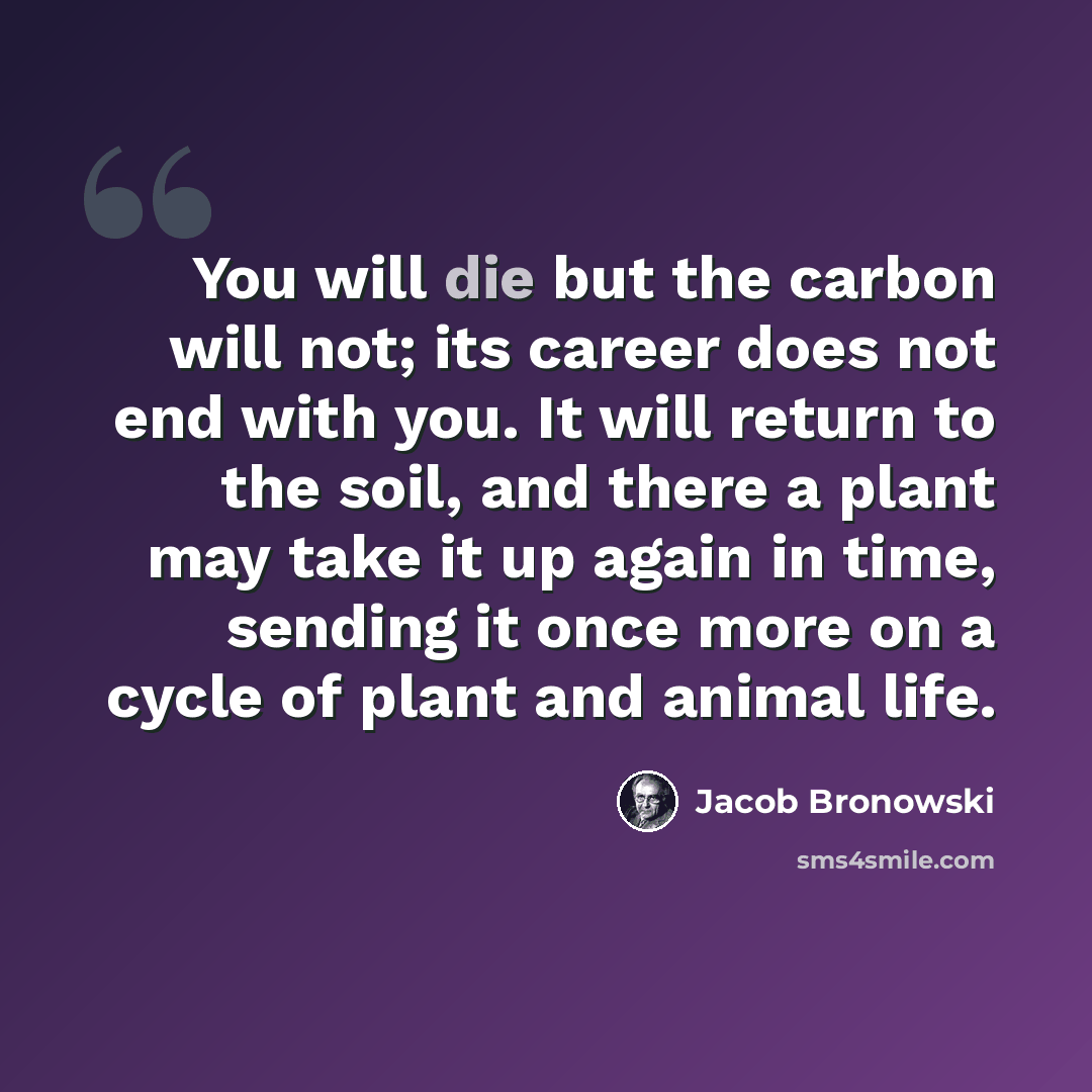 “You will die but the carbon will not; its career does not end with you. It will return to the soil, and there a plant may take it up again in time, sending it once more on a cycle of plant and animal life.” quote by Jacob Bronowski