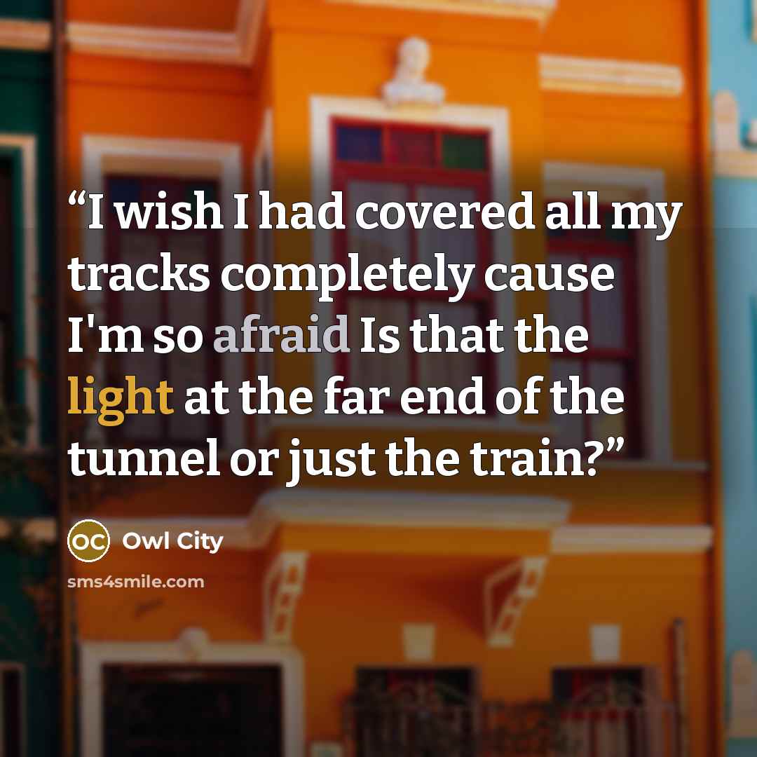 “I wish I had covered all my tracks completely cause I'm so afraid Is that the light at the far end of the tunnel or just the train?” quote by Owl City