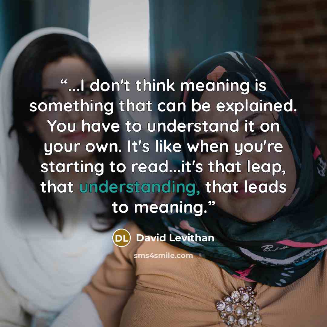 “...I don't think meaning is something that can be explained. You have to understand it on your own. It's like when you're starting to read...it's that leap, that understanding, that leads to meaning.” quote by David Levithan