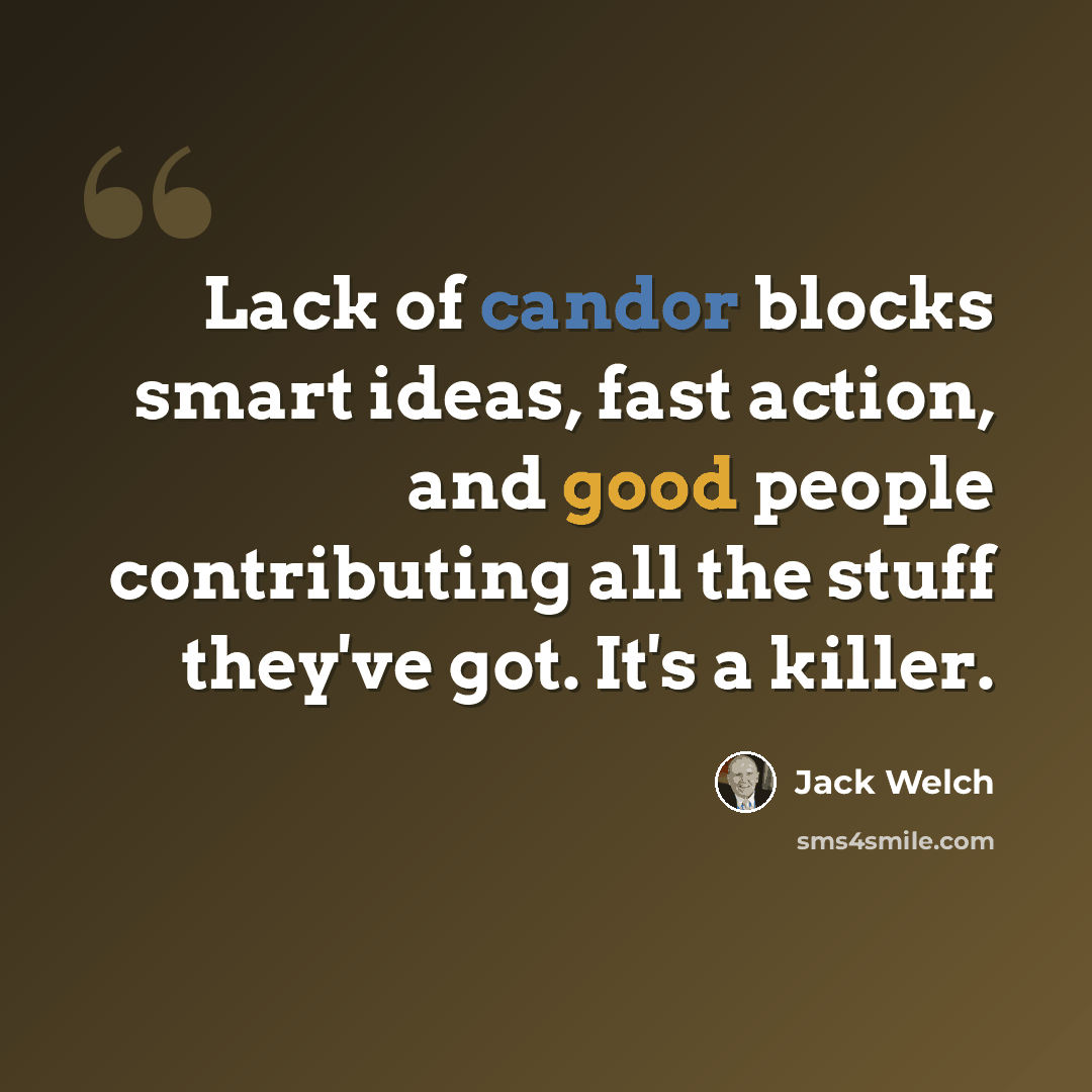 “Lack of candor blocks smart ideas, fast action, and good people contributing all the stuff they've got. It's a killer.” quote by Jack Welch