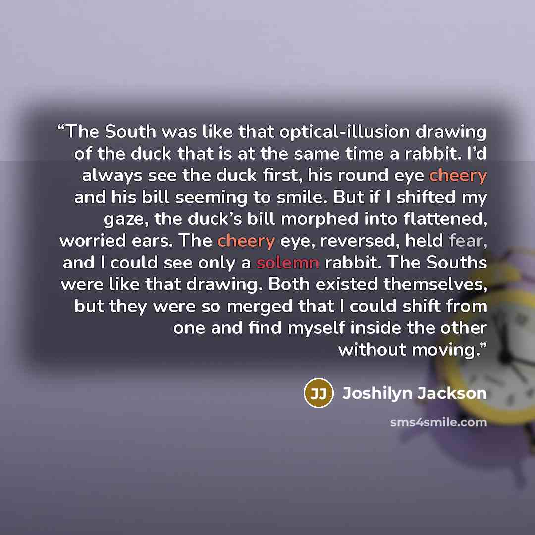 “The South was like that optical-illusion drawing of the duck that is at the same time a rabbit. I’d always see the duck first, his round eye cheery and his bill seeming to smile. But if I shifted my gaze, the duck’s bill morphed into flattened, worried ears. The cheery eye, reversed, held fear…” quote by Joshilyn Jackson