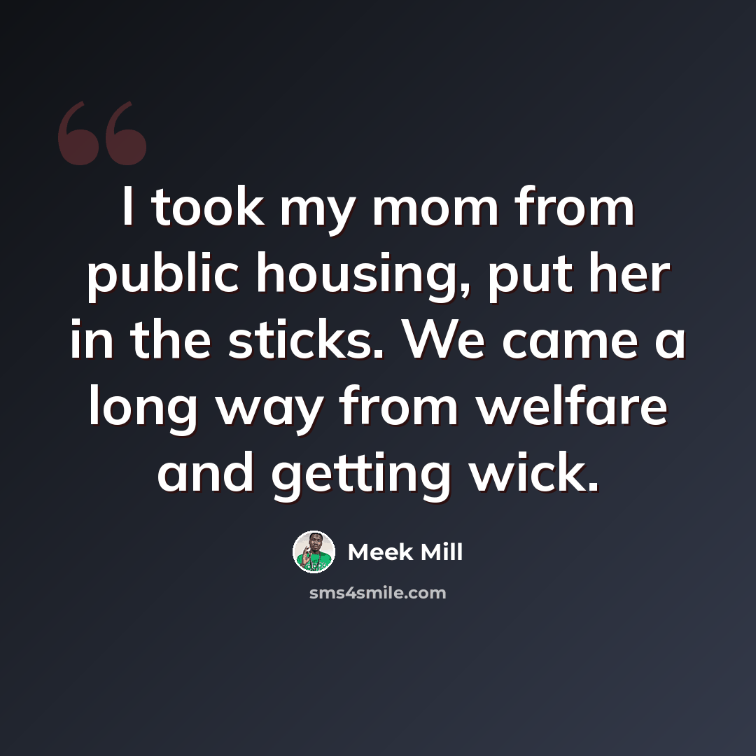 “I took my mom from public housing, put her in the sticks. We came a long way from welfare and getting wick.” quote by Meek Mill