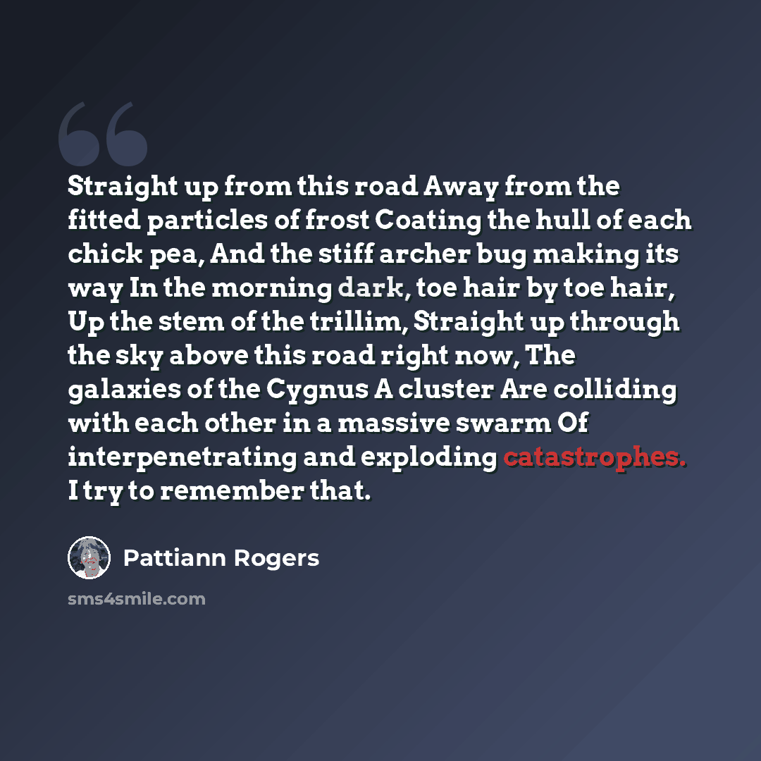 “Straight up from this road Away from the fitted particles of frost Coating the hull of each chick pea, And the stiff archer bug making its way In the morning dark, toe hair by toe hair, Up the stem of the trillim, Straight up through the sky above this road right now, The galaxies of the Cygnus A…” quote by Pattiann Rogers