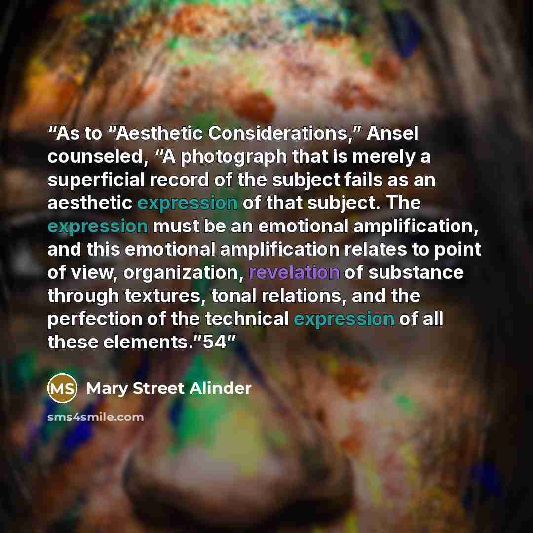 “As to “Aesthetic Considerations,” Ansel counseled, “A photograph that is merely a superficial record of the subject fails as an aesthetic expression of that subject. The expression must be an emotional amplification, and this emotional amplification relates to point of view, organization…” quote by Mary Street Alinder