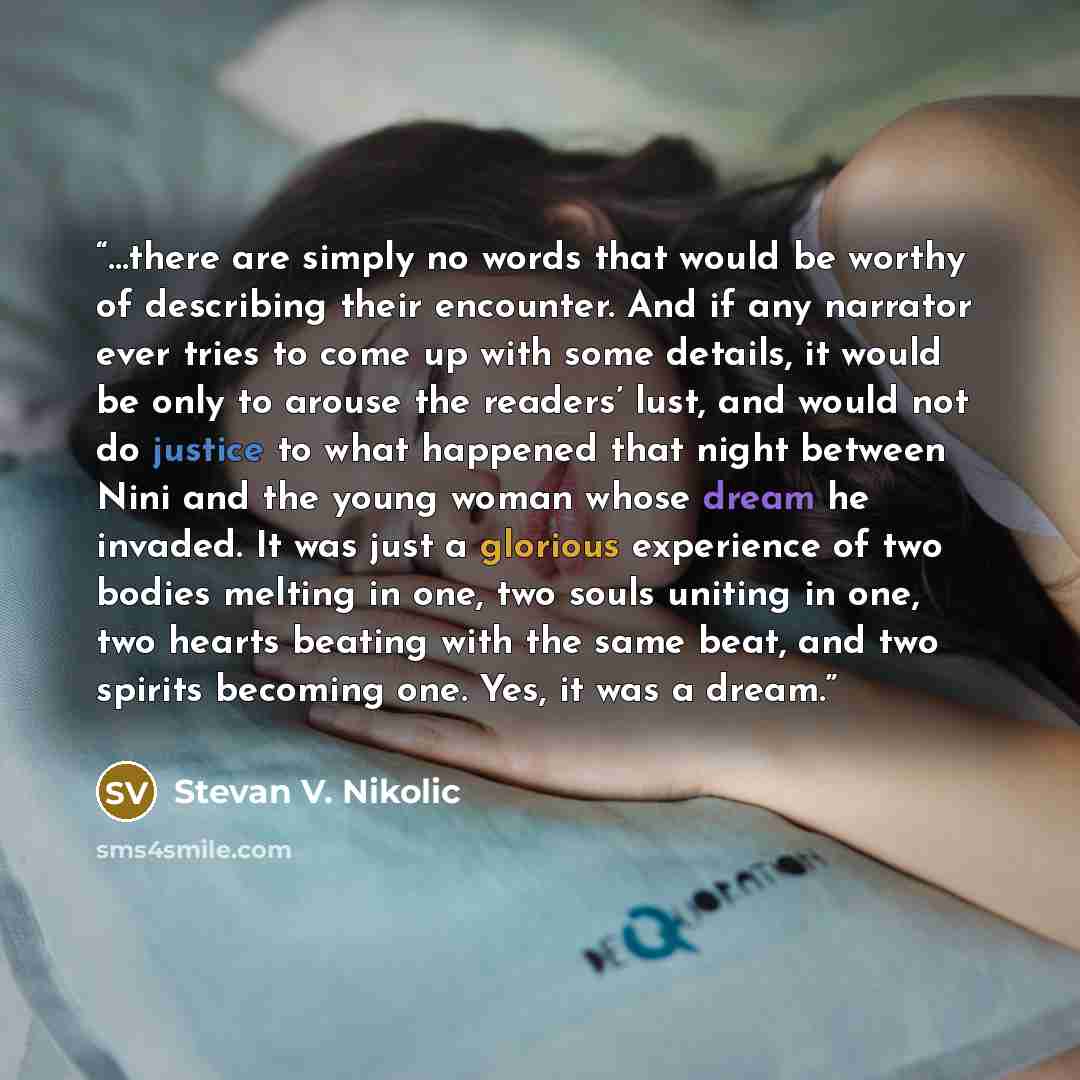 “…there are simply no words that would be worthy of describing their encounter. And if any narrator ever tries to come up with some details, it would be only to arouse the readers’ lust, and would not do justice to what happened that night between Nini and the young woman whose dream he invaded. It…” quote by Stevan V. Nikolic