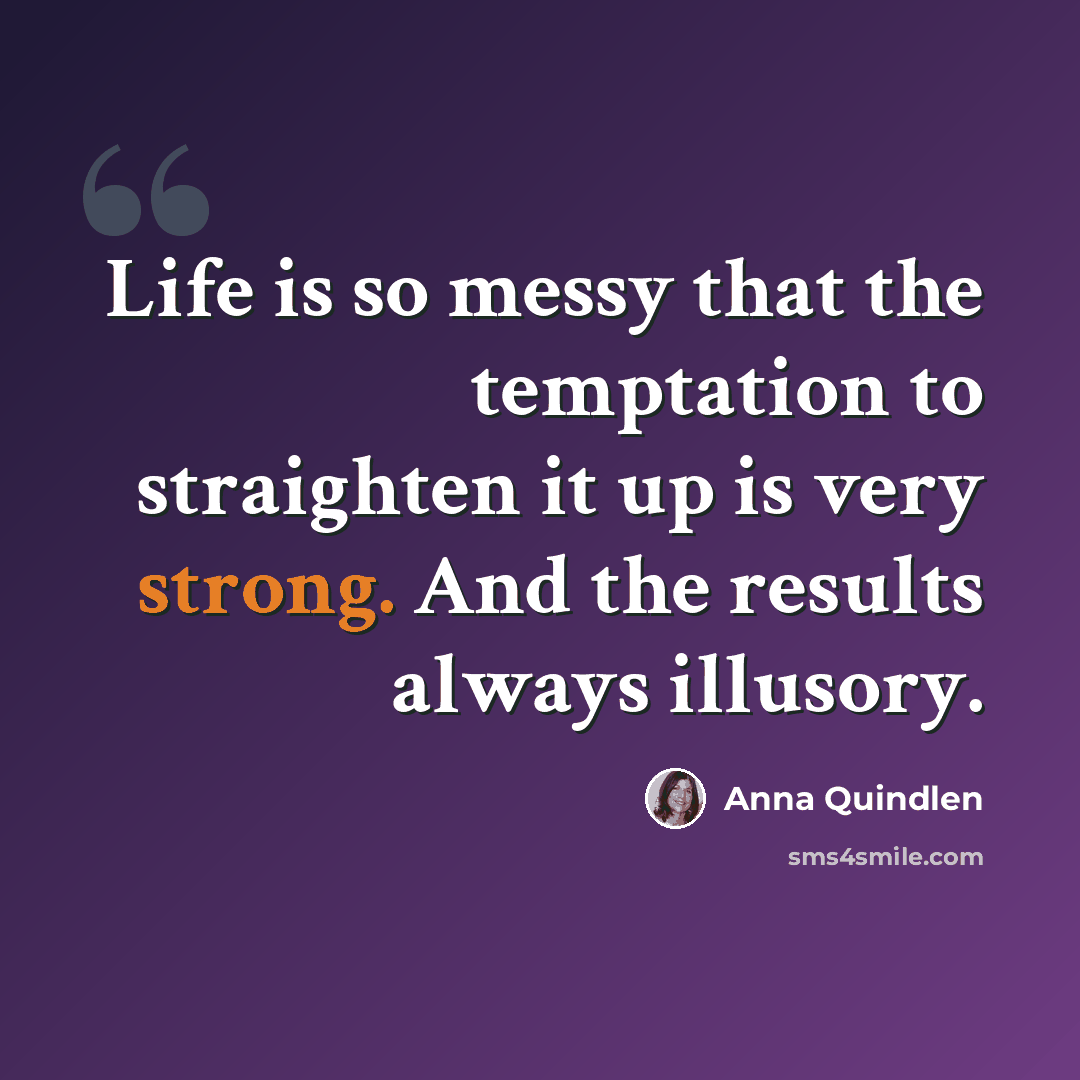 “Life is so messy that the temptation to straighten it up is very strong. And the results always illusory.” quote by Anna Quindlen