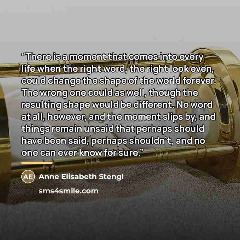 “There is a moment that comes into every life when the right word, the right look even, could change the shape of the world forever. The wrong one could as well, though the resulting shape would be different. No word at all, however, and the moment slips by, and things remain unsaid that perhaps…” quote by Anne Elisabeth Stengl
