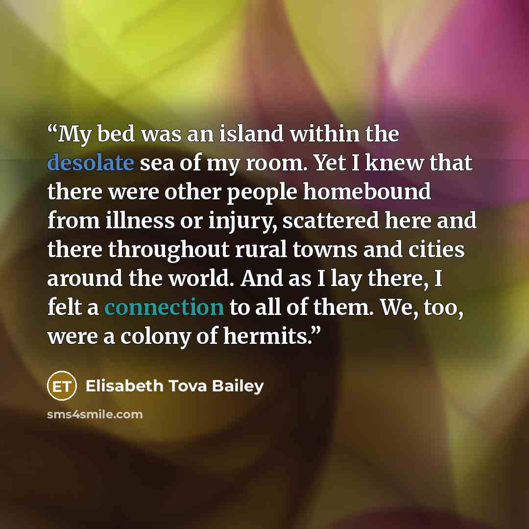 “My bed was an island within the desolate sea of my room. Yet I knew that there were other people homebound from illness or injury, scattered here and there throughout rural towns and cities around the world. And as I lay there, I felt a connection to all of them. We, too, were a colony of hermits.” quote by Elisabeth Tova Bailey