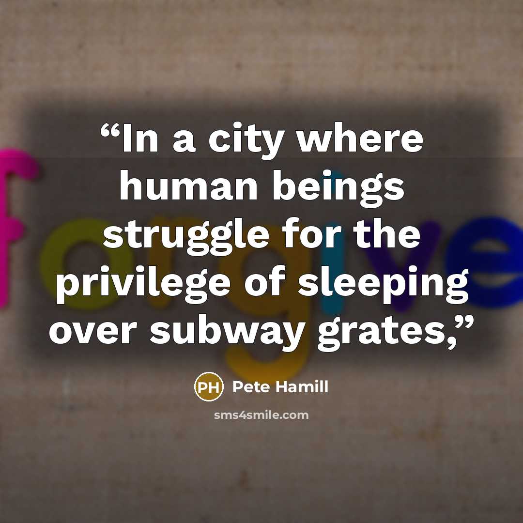 “In a city where human beings struggle for the privilege of sleeping over subway grates,” quote by Pete Hamill
