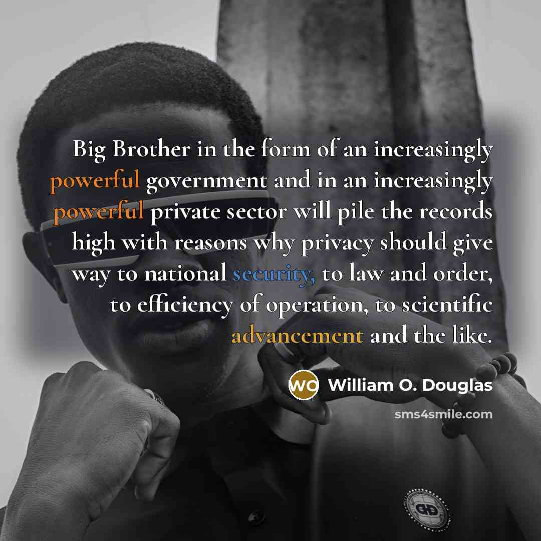 “Big Brother in the form of an increasingly powerful government and in an increasingly powerful private sector will pile the records high with reasons why privacy should give way to national security, to law and order, to efficiency of operation, to scientific advancement and the like.” quote by William O. Douglas
