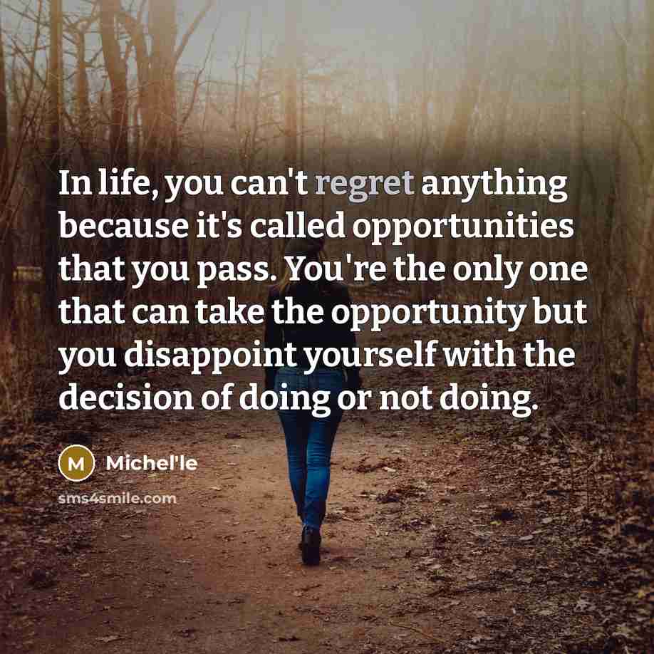 “In life, you can't regret anything because it's called opportunities that you pass. You're the only one that can take the opportunity but you disappoint yourself with the decision of doing or not doing.” quote by Michel'le